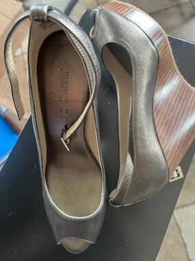 Jimmy Choo Bronze Metallic Peep-Toe Wedge Sandals